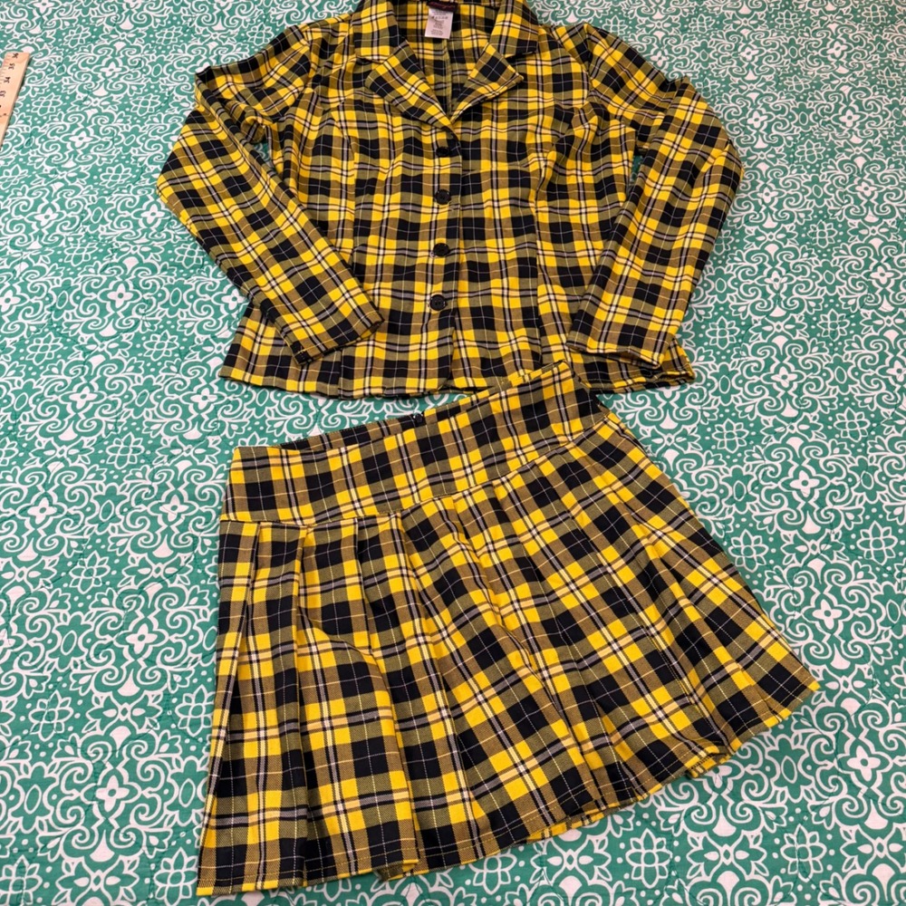 Dreamgirl Yellow Black Plaid Blazer and Pleated Mini Skirt Set Size Small